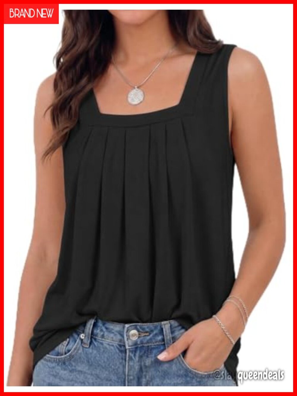 Womens Square Neck Pleated Tank Top Sleeveless Regular Fit Flowy Casual Blouse